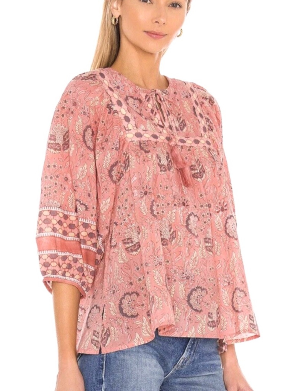 NWOT- Cleobella Revolve Amaryllis Pink Green Boho Blouse Tassel